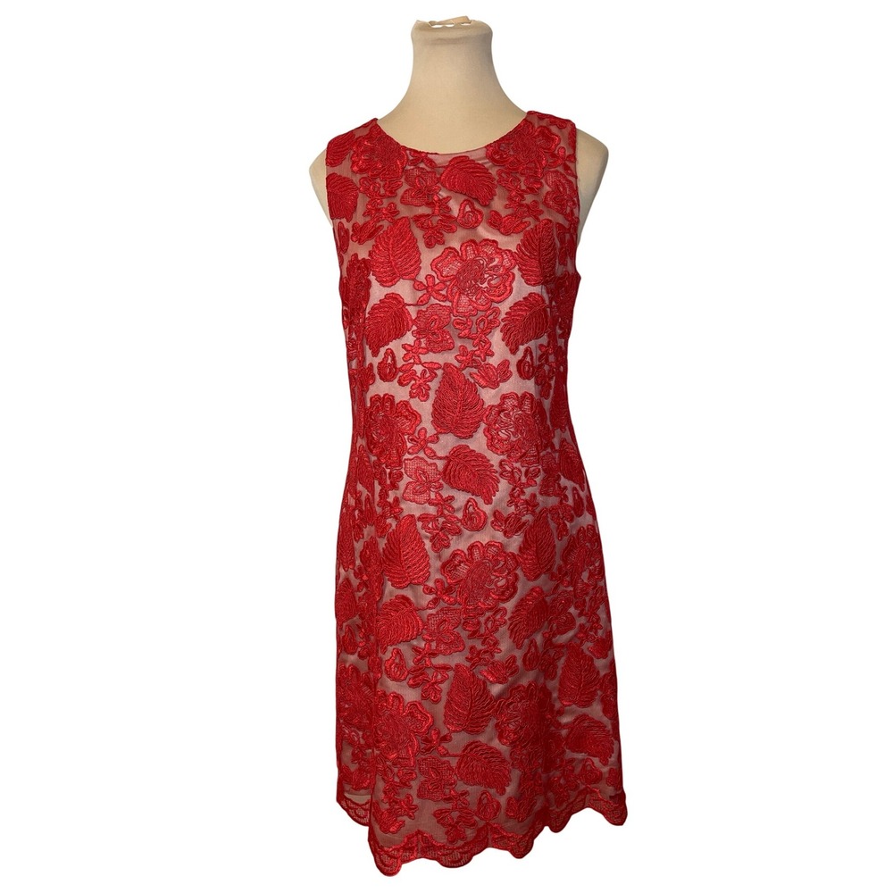 Vince Camuto Lace Sheath Dress‎ 6 Red Floral Embroidery Sleeveless Cocktail